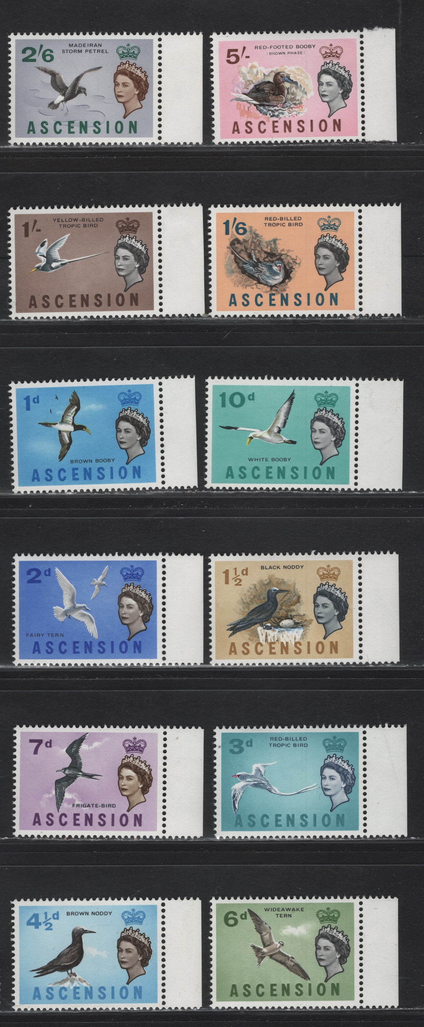 Lot 242 Ascension (C) SG#70-81 1d Black, Lemon & New Blue - 5/- Multi Coloured, 1963-1965 Bird Definitives, 12 F&VF NH Singles