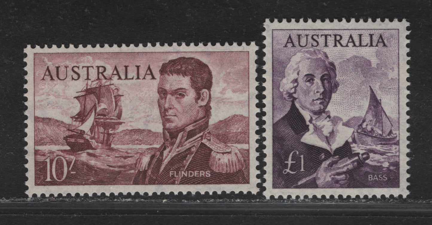 Lot 244 Australia (C) SG#359-360 10/- Maroon & £1 Deep Reddish Violet, 1963-1964 Navigators Issue, 2 VFNH Singles On Toned Paper