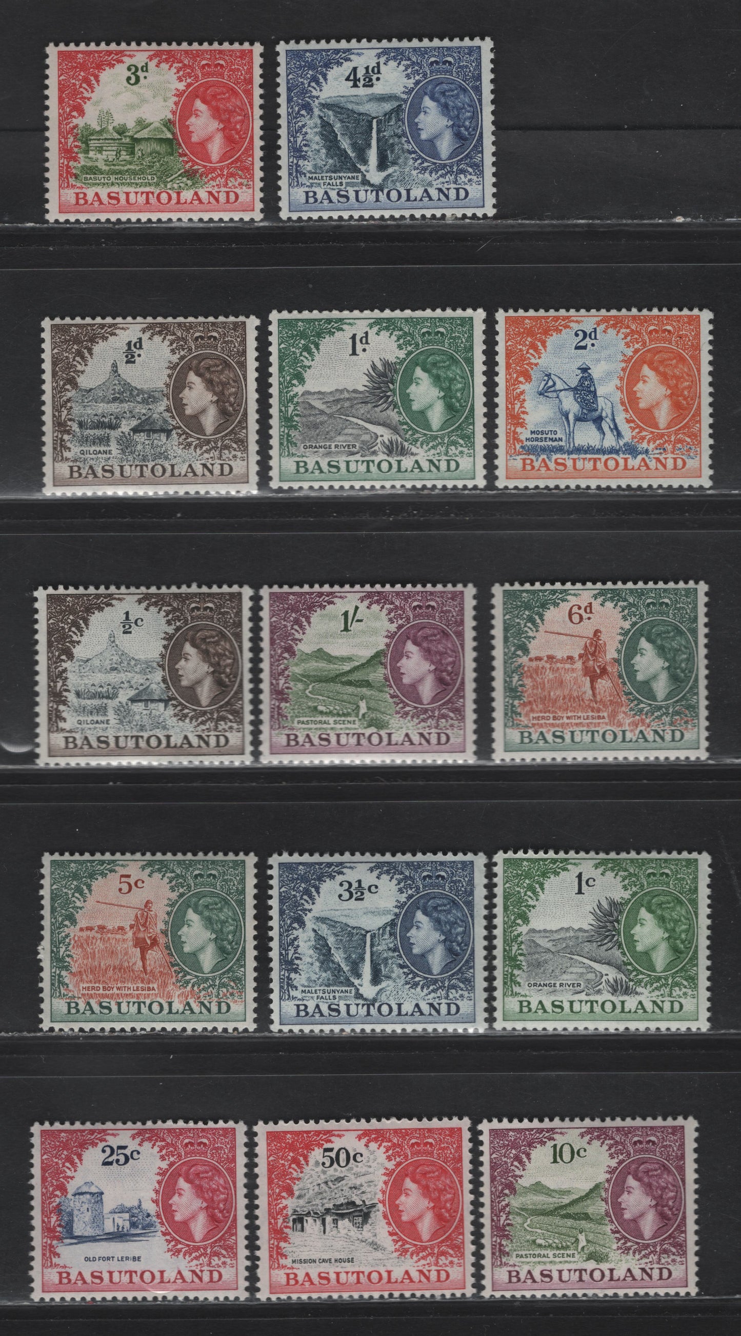 Lot 246 Basutoland (C) SG#43-49, 71, 73-75, 77-78 1/2d Grey Black & Sepia ( 2 Shades) - 50c Black & Carmine Red, 1954-1963 Sterling & New Currency Pictorial Definitives, 14 VFNH Singles