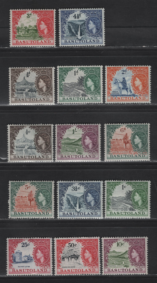 Lot 246 Basutoland (C) SG#43-49, 71, 73-75, 77-78 1/2d Grey Black & Sepia ( 2 Shades) - 50c Black & Carmine Red, 1954-1963 Sterling & New Currency Pictorial Definitives, 14 VFNH Singles
