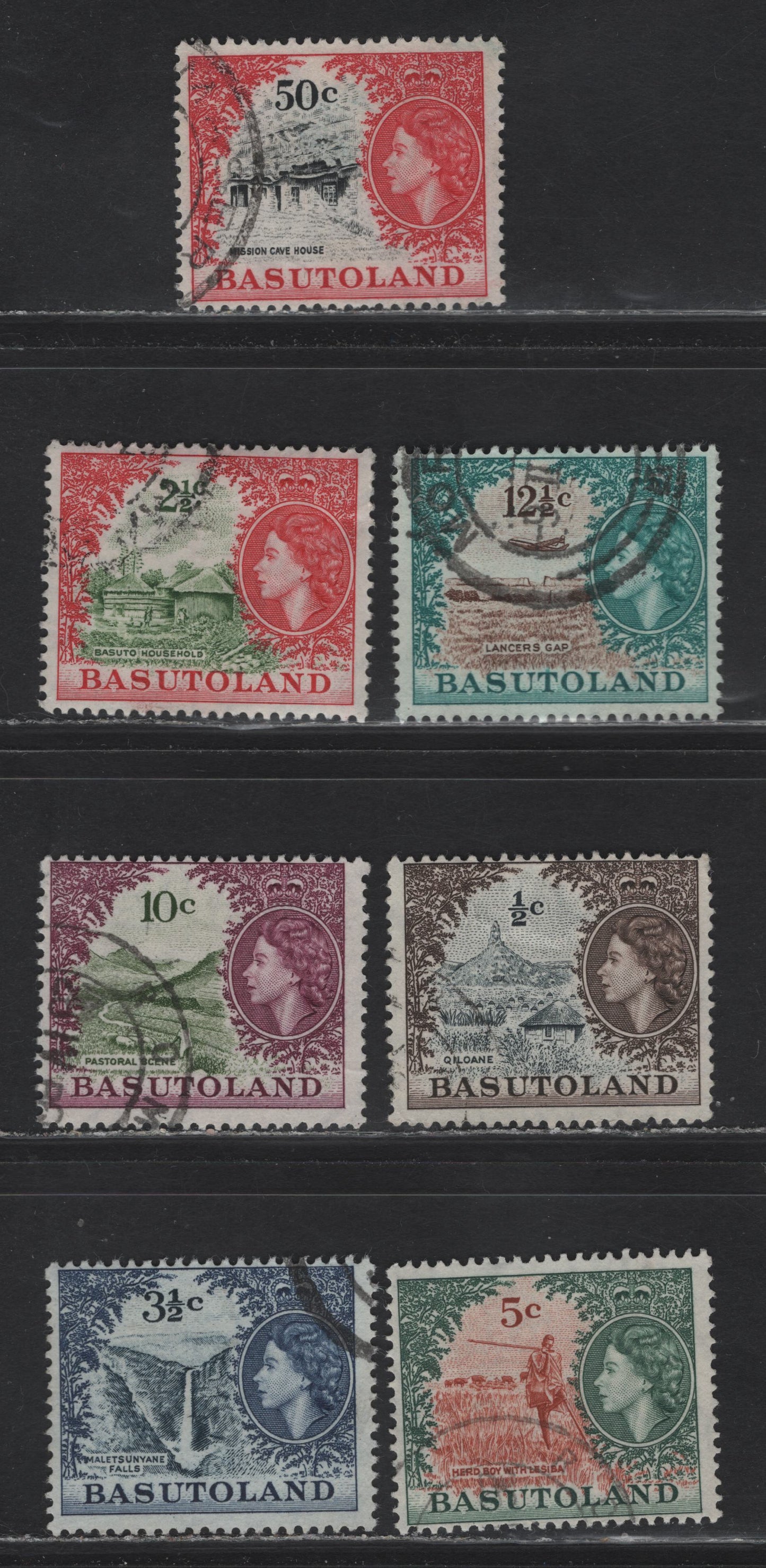 Lot 247 Basutoland (C) SG#69,72,73,74,75,76,78 1/2d Grey Black & Sepia - 50c Black & Carmine Red, 1961-1963 Pictorial Definitives Issue, 7 F&VF Used Singles