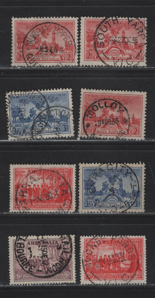 Lot 25 Australia (C)  SG#161-162, 193, 195 2d - 9d Carmine - Purple Centenary of South Australia (C)  - 150th Anniv of NSW, 1936 Centenary of South Australia (C)  - 150th Anniv of NSW Issues, 8 Fine/Very Fine Used Singles, SON Town Cancels