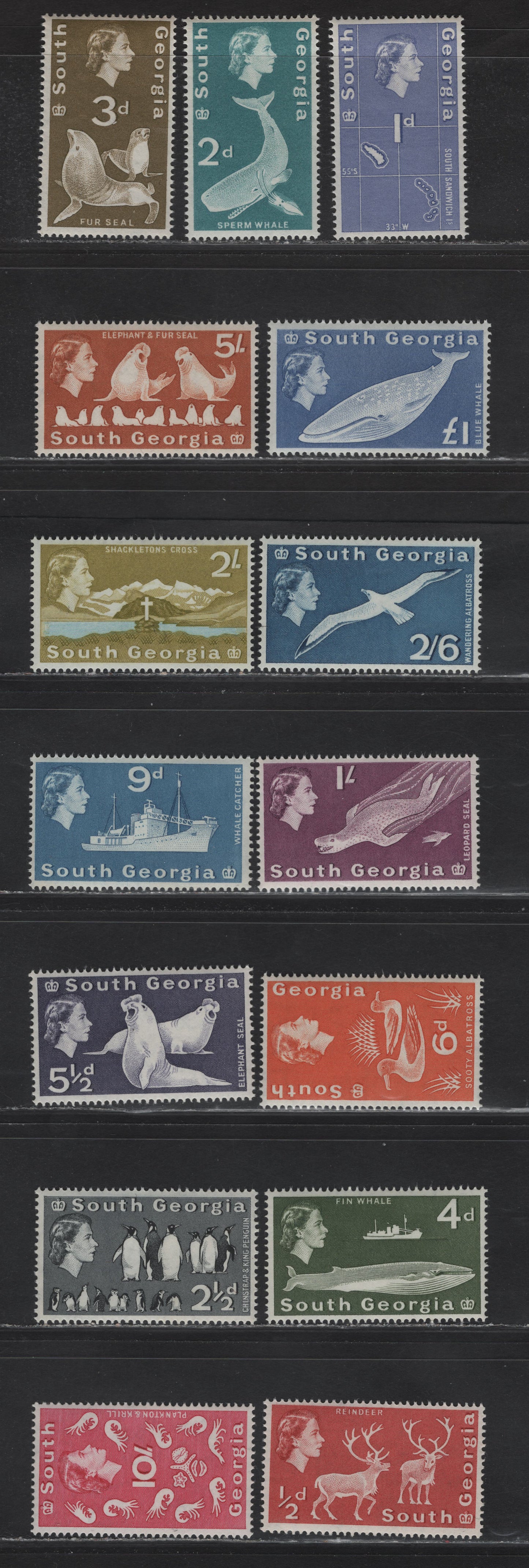 Lot 251 South Georgia (C) SG# 1-15 1/2d Brown Red - £1 Ultramarine, 1963-1969 Definitives, 15 F&VF NH Singles