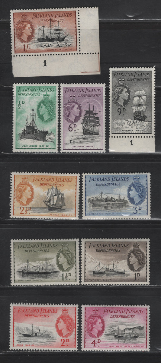 Lot 253 Falkland Islands (C) SG#G26-G35 1/2d Black & Bluish Green - 1/- Black & Red Brown, 1954-1962 Ship Definitives, 10 VF NH&OG Singles