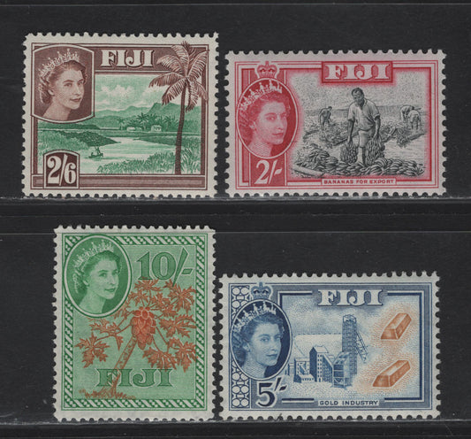 Lot 260 Fiji (C) SG#241/294 2/- - 10/- Black & Carmine - Orange & Emerald King George VI - Queen Elizabeth II, 1922-1959 KGVI & QE II Pictorial Issues, 4 VFNH Singles, Very Minor Gum Toning On 2/6d, 2/- & 5/-