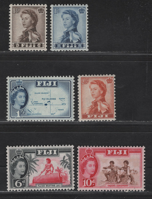 Lot 262 Fiji (C) SG#299-300, 302-303, 305-306 1d - 1/- Deep Ultramarine - Light Blue & Blue Queen Elizabeth II - Location Map, 1959-1963 QE II Pictorial Issue, 6 F/VFNH Singles, Script CA Wmk Very Minor Gum Toning On Back .
