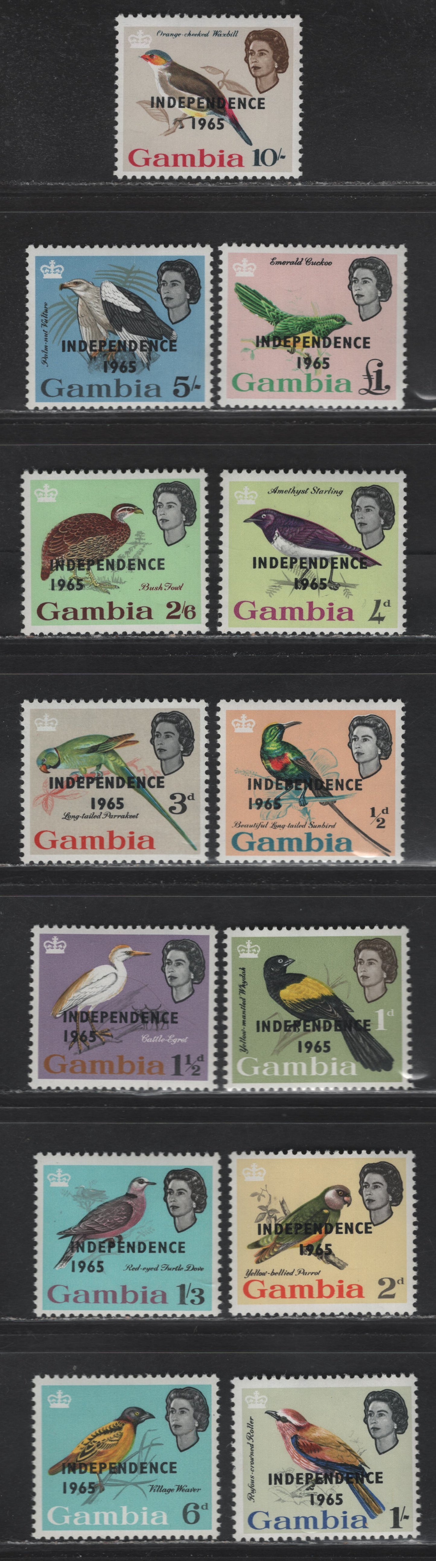 Lot 269 Gambia (C) SG#215-227 1/2d- £1 Multicolored Beautiful Sunbird - African Emerald Cuckoo, 1965 Bird Definitives, 13 F/VFNH Singles, With Independence 1965 Overprint
