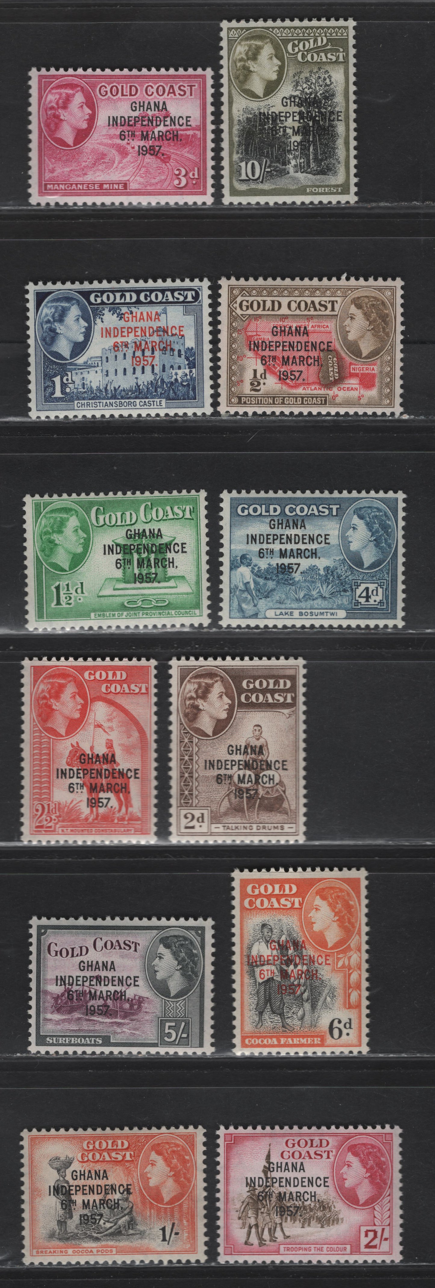 Lot 270 Gold Coast (C) SG#170-181 1/2d - 10/- Bistre Brown & Scarlet - Black & Olive Green Map - Forest, 1957-1958 Ghana Independence Overprinted Issue, 12 VFNH Singles