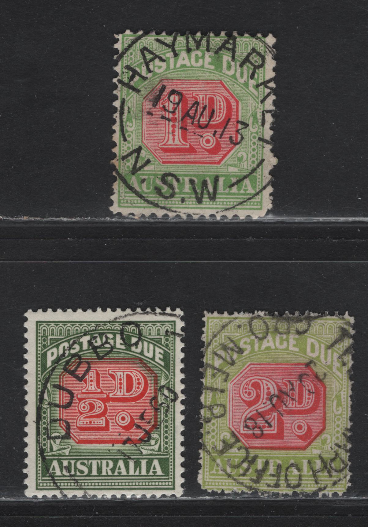 Lot 27 Australia (C)  SG#D81, D64bvar, D132 1d - 1/d Rosine & Yellow Green - Carmine & Deep Green Numerals, 1909-1960 Postage Dues, 3 Fine Used Singles, Son August 19 1913 Haymarket NSW, Melbourne Telegraph Office & June 17 1960 Dubho NSW Cancels
