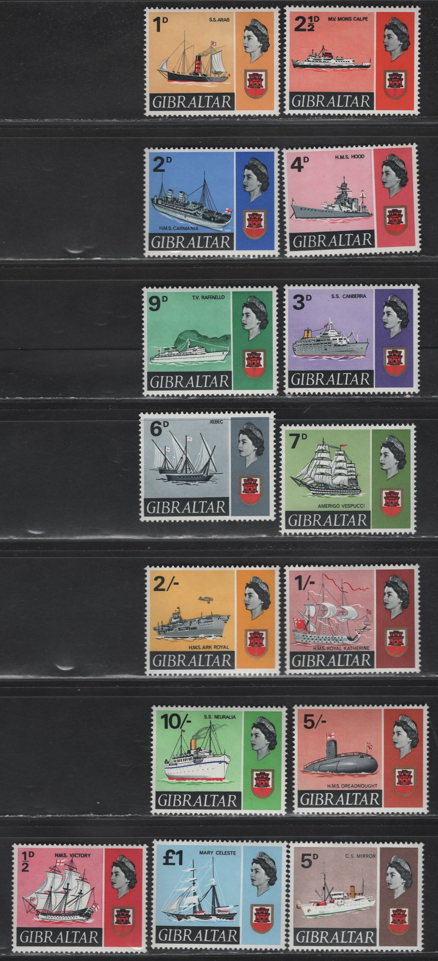 Lot 272 Gibraltar (C)  1/2d - £1 Multicoloured, 1967-1969 Ship Definitives, 15 VFNH Singles