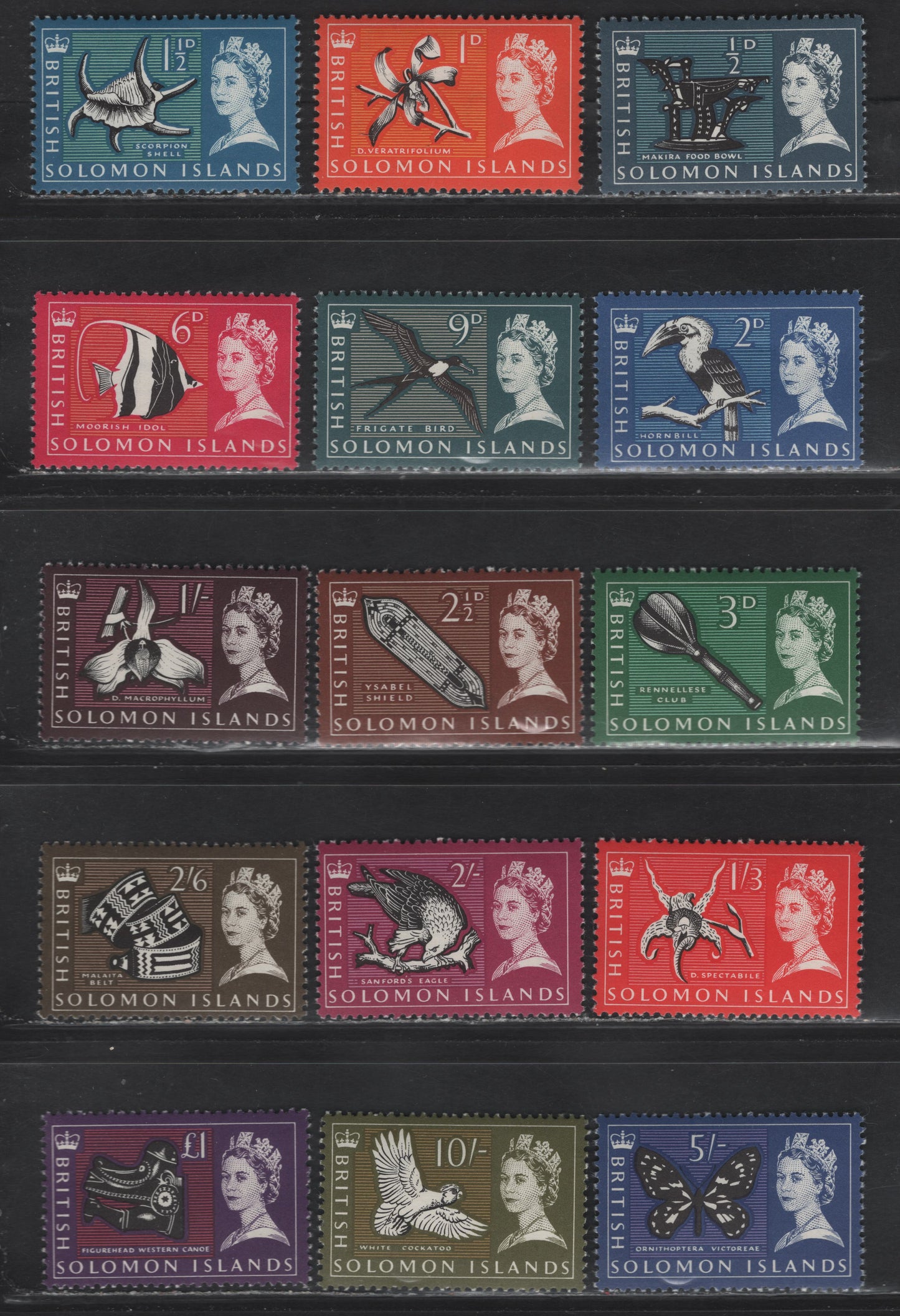 Lot 279 British Solomon Islands (C) SG#112-126 1/2d Black, Deep Slate Blue & light Blue - £1 Black, Deep Reddish Violet & Pink, 1965 Pre Decimal Definitives, 15 VFOG Singles