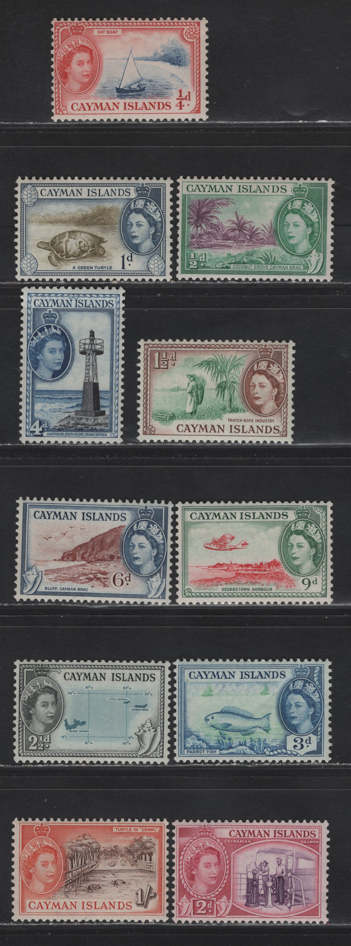 Lot 281 Cayman Islands (C) SG#148-158 1/4d Deep Bright Blue & Rose Red - 1/- Brown & Red Orange, 1953-1962 Pictorial Definitives, 11 F&VF OG Singles
