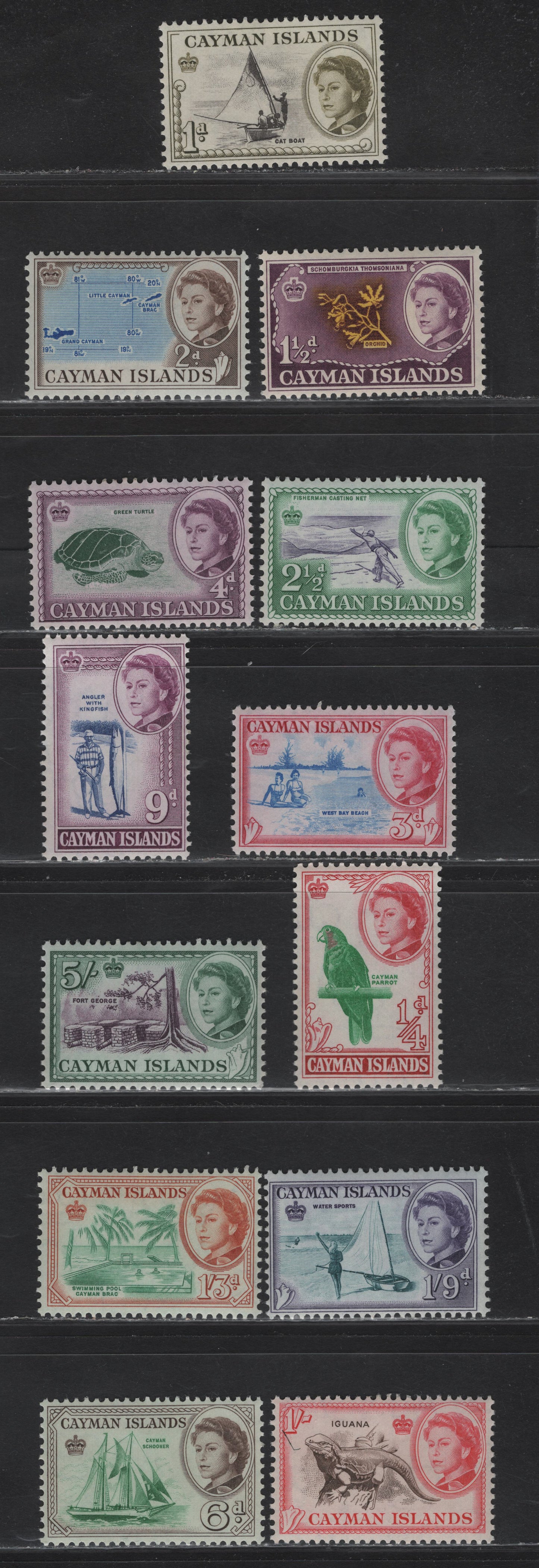 Lot 282 Cayman Islands (C) SG#165-177 1/4d Emerald & Red - 5/- Plum & Deep Green, 1962-1964 Pictorial Definitives, 13 F&VF NH Singles
