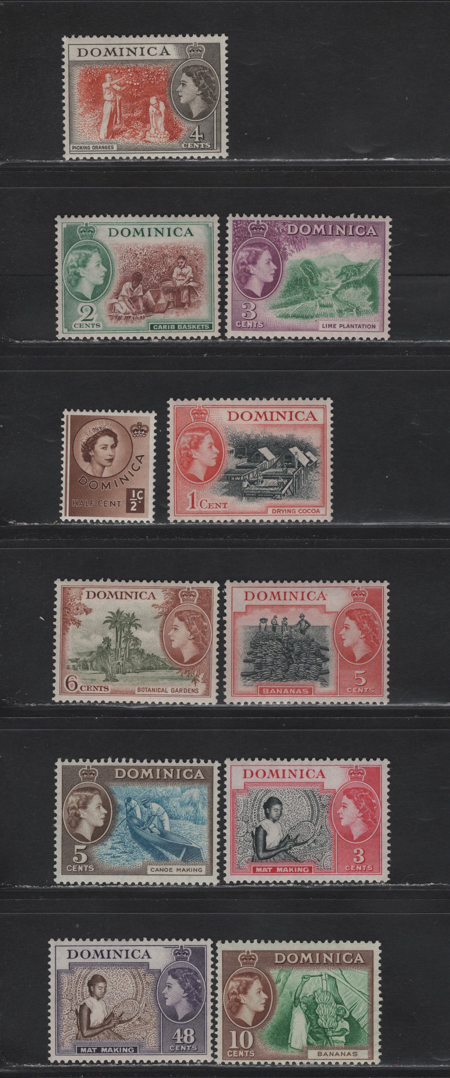 Lot 288 Dominica (C) SG#140-150, 155 1/2d Brown - 48c Deep Brown & Violet, 1954-1962 Pictorial Definitives, 11 F&VFOG Singles