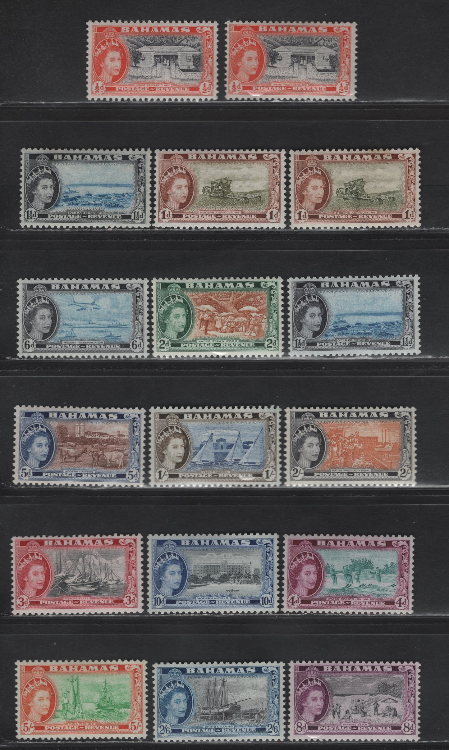 Lot 290 Bahamas (C) SG#201/213, 214a, 209a,211a 1/2d Black & Red Orange - 5/- Bright Emerald & Orange, 1954-1963 Pictorial Definitives, 17 VF OG & NH Singles