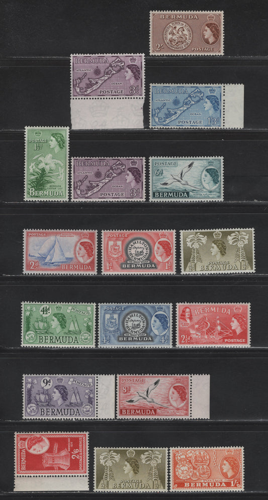 Lot 295 Bermuda (C) SG#135-144, 145b, 146-147, 135a 1/2d - 2/6 Olive Green - Scarlet , 1953-1962 Pictorial Definitive Issue, 17 VFOG/NH Singles, Mostly Hinged, 8d, 9d, 1/2d, 2/6, Olive Green 1/2d & Die 2 3d Are All NH