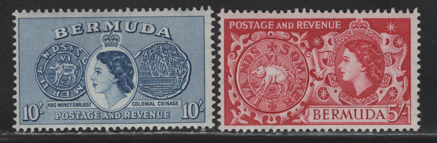 Lot 296 Bermuda (C) SG#148-149 5/- - 10/- Carmine - Deep Ultramarine , 1953-1962 Pictorial Definitive Issue, 2 FNH SIngles