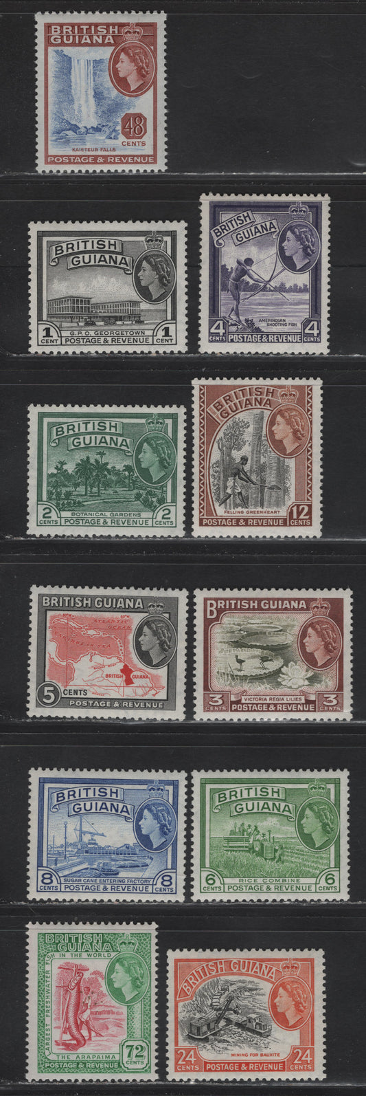 Lot 299 British Guiana (C) SG#331-339, 341, 342a 1c - 72c Black - Carmine & Emerald , 1954-1963 Pictorial Definitive Issue, 11 F/VFNH/OG Singles, Waterlow Printings Except 72c, Which iS DLR, All Hinged Except 48c - 72c.