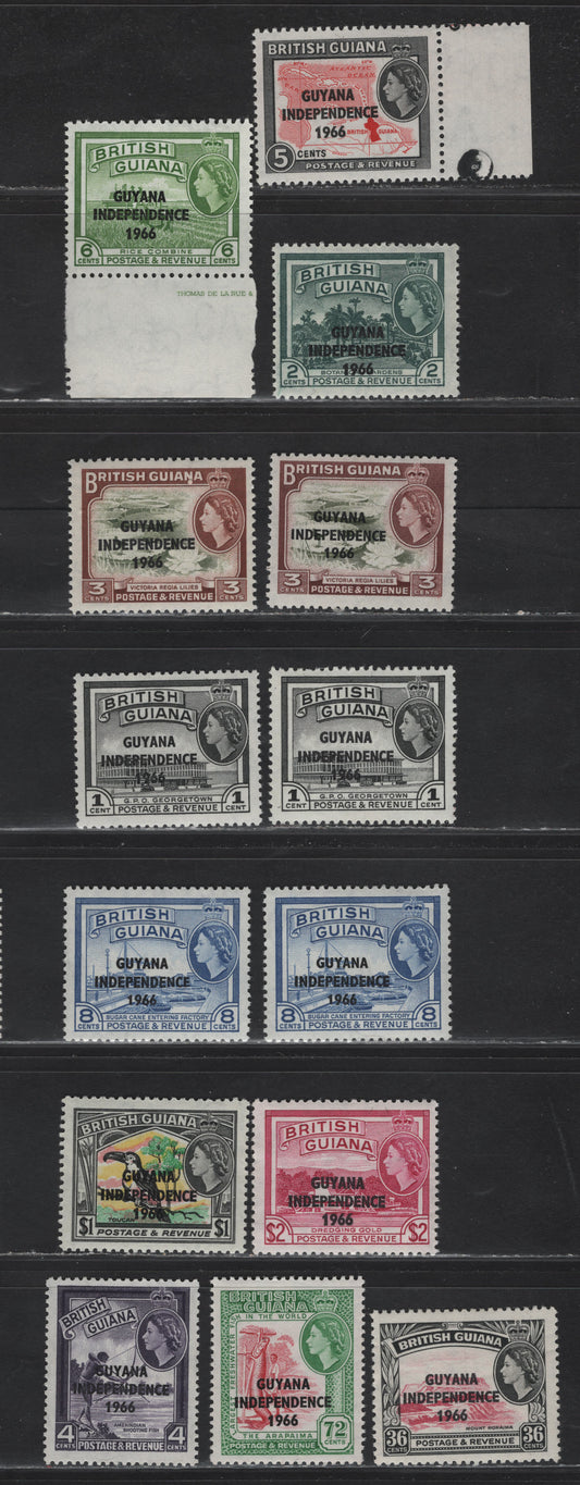 Lot 300 British Guiana (C) SG#378-379, 399, 385-390, 393, 395, 397 1c - $1 Multicolored , 1966 Independence Overprinted Pictorial Issue, 14 VFNH Singles, Script CA, Block CA & Sideways Block CA Wmks