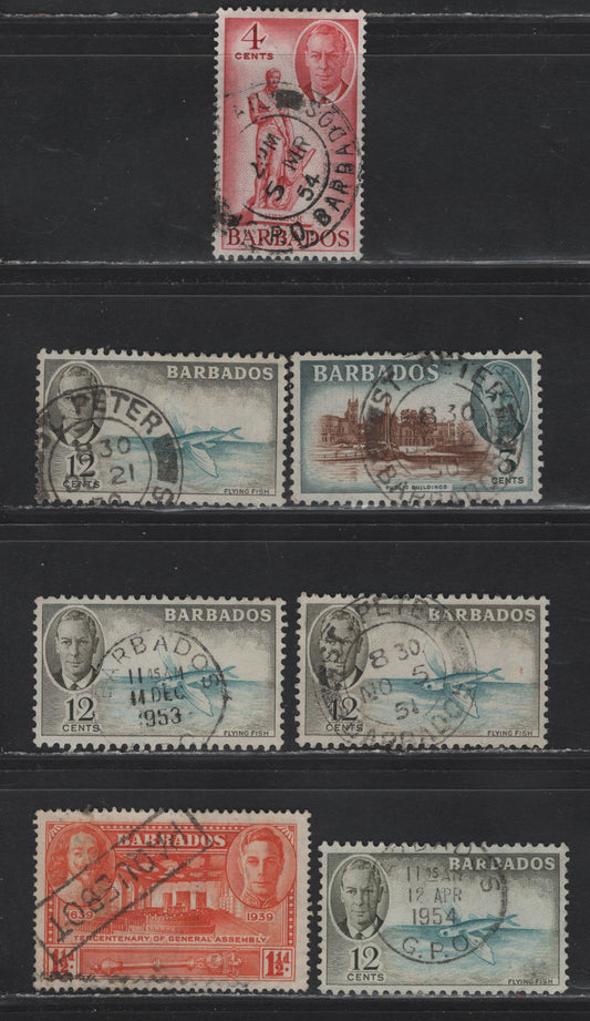 Lot 30 Barbados  (C) SG#259, 273-274, 277   General Assembly - KingGeorge VI, 1939-1952 Tercentenary of General Assembly - KGVI Pictorial Issues, 7 Fine/Very Fine Used Singles, SON Barbados, St Peter & Boxed Paquebot Cancels