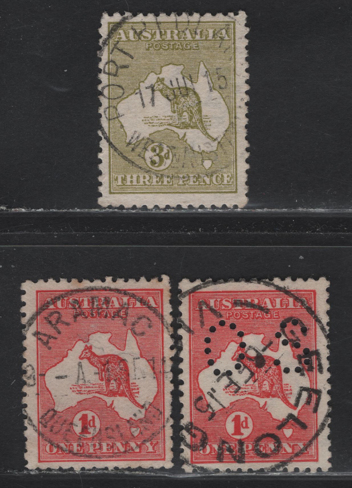 Lot 3 Australia (C)  SG#O17e, 2d, 5 1d - 3d Red - Olive Kangaroo & Map, 1913-1914 Kangaroo & Map Issue, 3 Fine/Very Fine Used Singles, First Wmk (Wide Crown Over A), SON Town Cancels For Aramac, Geelong & Port Headland