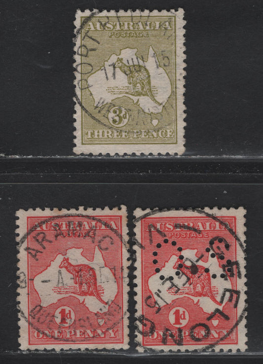 Lot 3 Australia (C)  SG#O17e, 2d, 5 1d - 3d Red - Olive Kangaroo & Map, 1913-1914 Kangaroo & Map Issue, 3 Fine/Very Fine Used Singles, First Wmk (Wide Crown Over A), SON Town Cancels For Aramac, Geelong & Port Headland