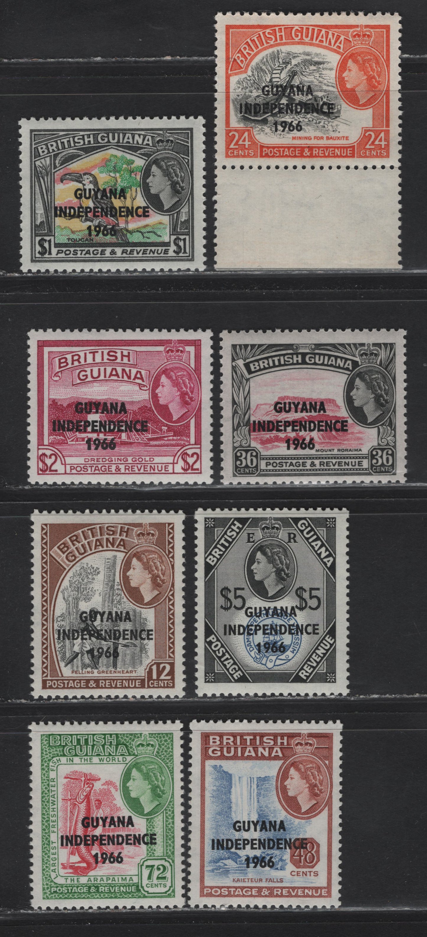 Lot 301 Guyana (C) SG#402-407b, 1966 Independence Overprints Wmk Block Ca Sideways, 8 VFNH Singles