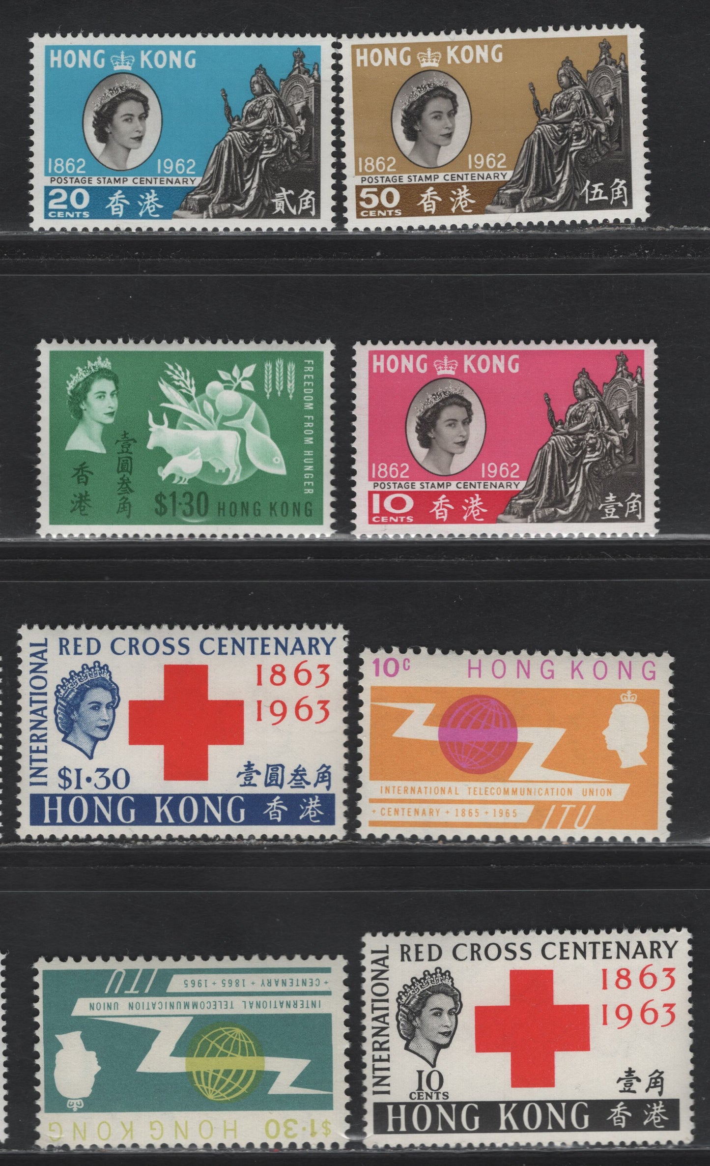Lot 313 Hong Kong(C) SG#193-195, 211-215 10c Black & Magenta - $1.30 Deep Bluish Green & Torquoise Green, 1962 Stamp Centenary - ITU Issue, 8 F & VF NH Singles