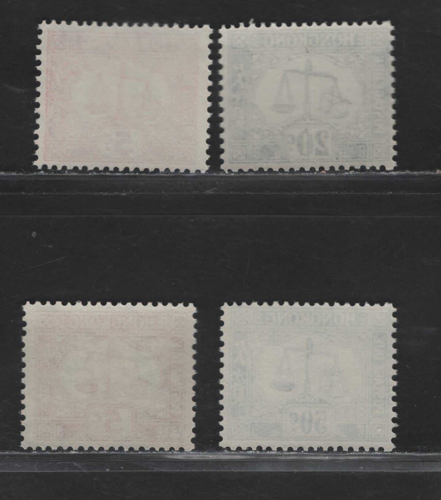 Lot 315 Hong Kong (C) SG#D14, D16, D17a, D18 5c - 50c Red - Blue Scales, 1965-1973 Postage Dues, 4 F/VFNH SIngles, Sideways & Upright Block CA Wmk