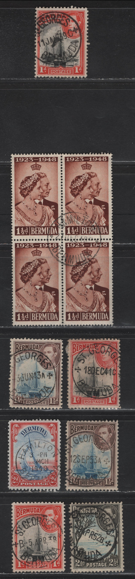 Lot 32 Bermuda SG#110-111,b, 112a, 113b, 125 1d - 1.5d Black & Red - Red Brown King George VI - Silver Wedding, 1938-1948 KGVI Pictorial - Silver Wedding Issues, 8 Fine/Very Fine Used Singles & Block of 4, SON St Georges & Hamilton CDS Cancels