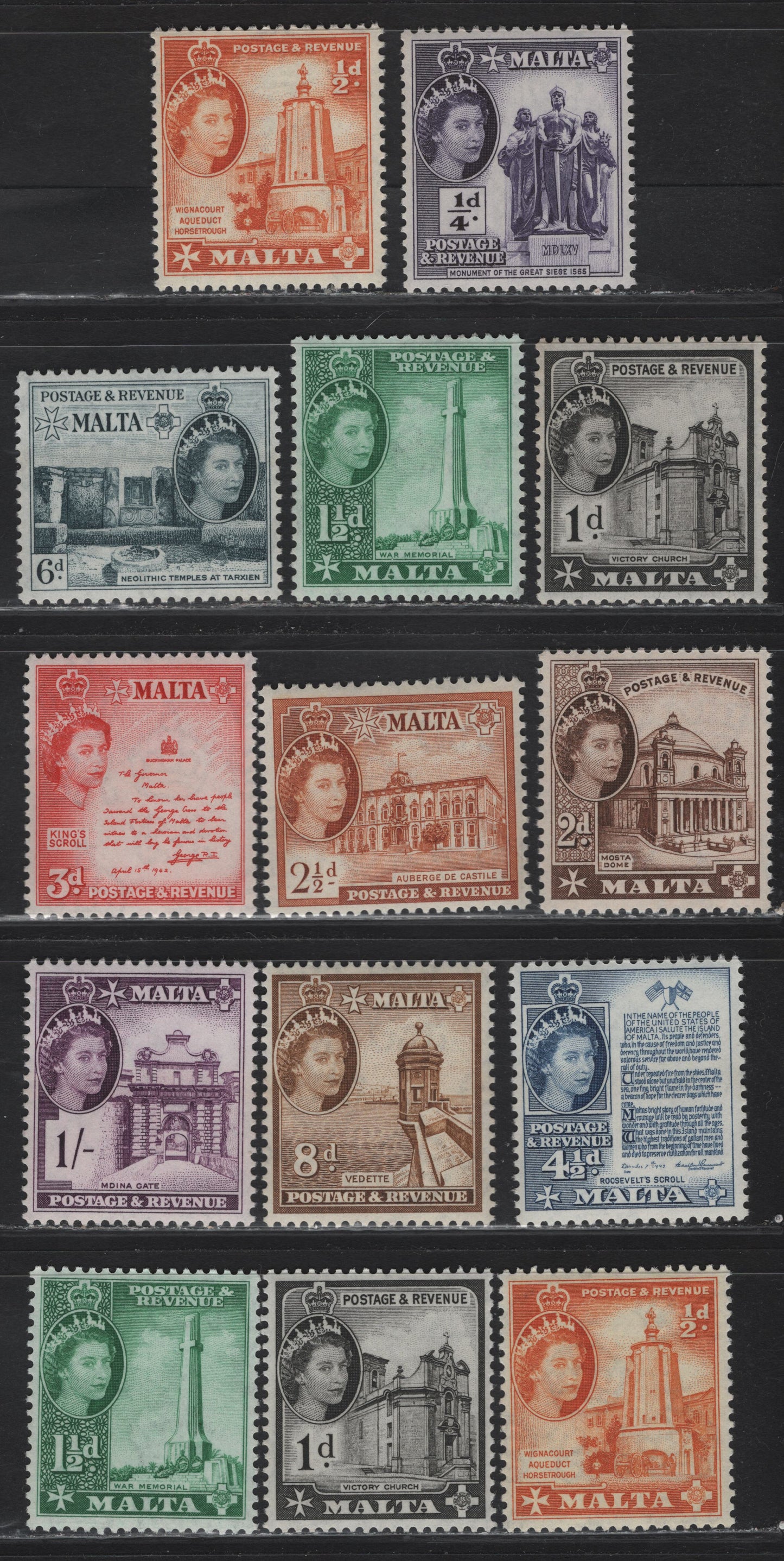Lot 321 Malta (C) SG#266-276 1/4d Violet - 1/- Deep Reddish Violet, 1956-1958 Pictorial Definitives , 14 VF NH  & OG Singles