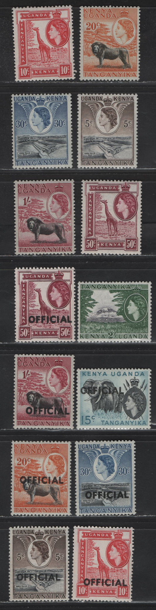 Lot 322 Kenya Uganda (C) SG#167/177, O1/O7 5c Black & Deep Brown - 2/- Black & Green, 1954-1959 Pictorial Definitives & Official Overprints, 14 VFNH Singles