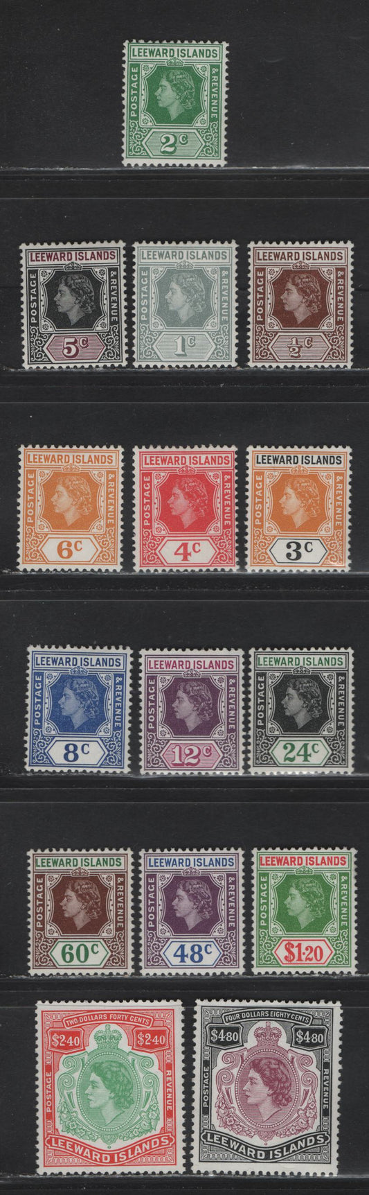 Lot 326 Leeward Islands (C) SG#126-140 1/2c - $4.80 Brown - Brownish Purple & Black Queen Elizabeth II, 1954 QE II Imperium Keyplate Issue, 15 F/VFOG/NH Singles, Values Over 48c Are NH