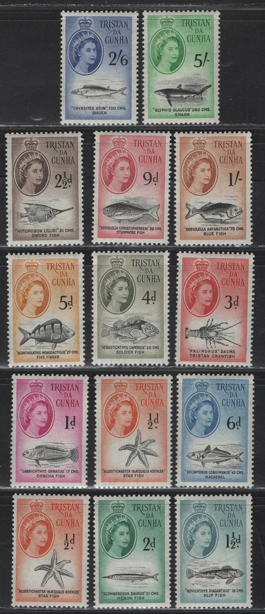 Lot 330 Tristan da Cunha (C) SG#28-40 1/2d - 5/- Black & Orange - Black & Light Emerald , 1960-1961 Marine Life Definitive Issue, 14 VFNH Singles