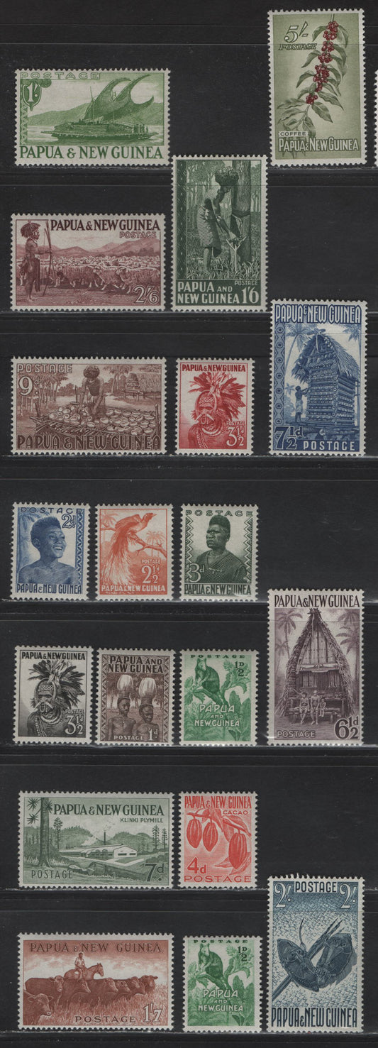 Lot 336 Papua New Guinea (C) SG#1/13, 18, 20, 22, 24 1/2d - 5/- Emerald - Crimson & Green , 1952-1960 Pictorial Definitives, 19 F/VFOG/NH Singles, 18/24 are NH, Rest Hinged