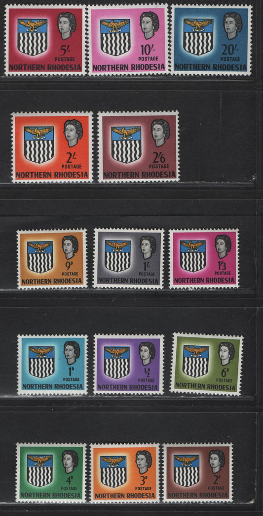 Lot 338 Northern Rhodesia (C) SG#75-88 1/2d - 20/- Bright Violet & Multicolored - Blue & Multicolored , 1963 Arms Definitive Issue, 14 VFNH Singles