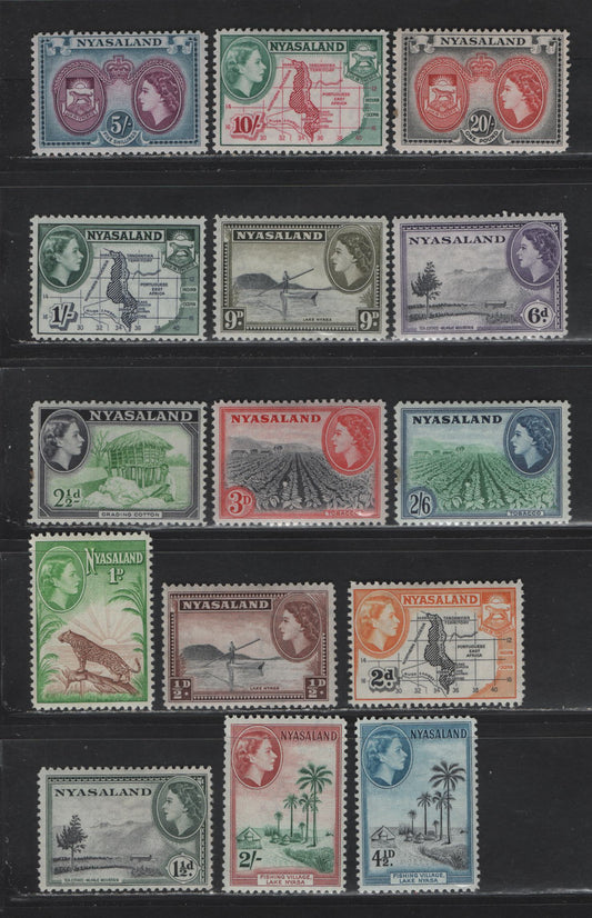 Lot 339 Nyasaland (C) SG#173-187 1/2d - 20/- Black & Chocolate - Scarlet & Black , 1953-1954 Pictorial Definitive Issue, 15 F/VFNH Singles, 2/6 & 20/- Have A Small Stain In The Left Margin, 2/- - 20/- Are NH, Rest Hinged