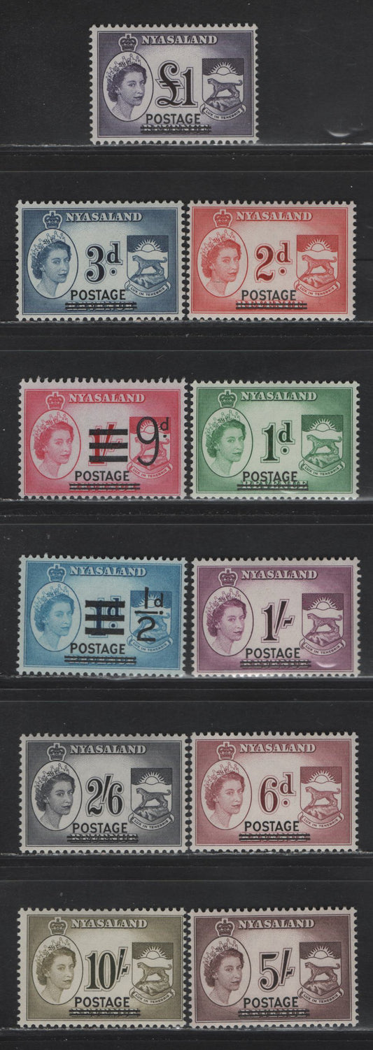 Lot 340 Nyasaland (C) SG#188-198 1/2d on 1d - £1 Greenish Blue - Deep Violet , 1963 Postage Overprints On Revenue Stamps, 11 VFNH Singles