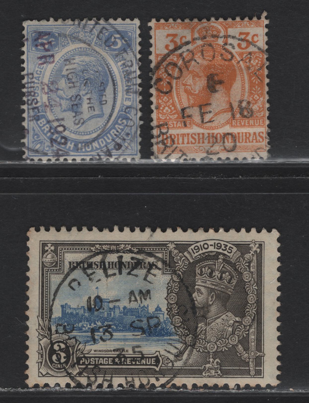 Lot 34 British Honduras  (C) SG#103, 131, 143 3c Orange - Ultramarine & Gray Black King George V - Silver Jubilee, 1913-1935 KGV Keyplates - Silver Jubilee Issues, 3 Fine/Very Fine Used Singles, Corosal, Belize & United Fruit Company Paquebot Cancels