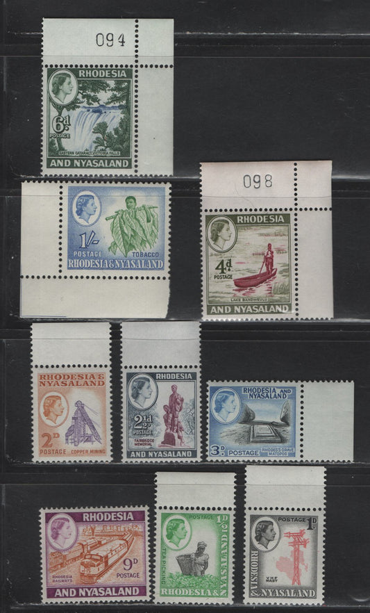 Lot 342 Rhodesia & Nyasaland (C) SG#18-24a, 25 1/2d - 1/- Black & Light Emerald - Light Green & Ultramarine , 1959-1962 Pictorial Definitive Issue, 9 F/VFNH Singles