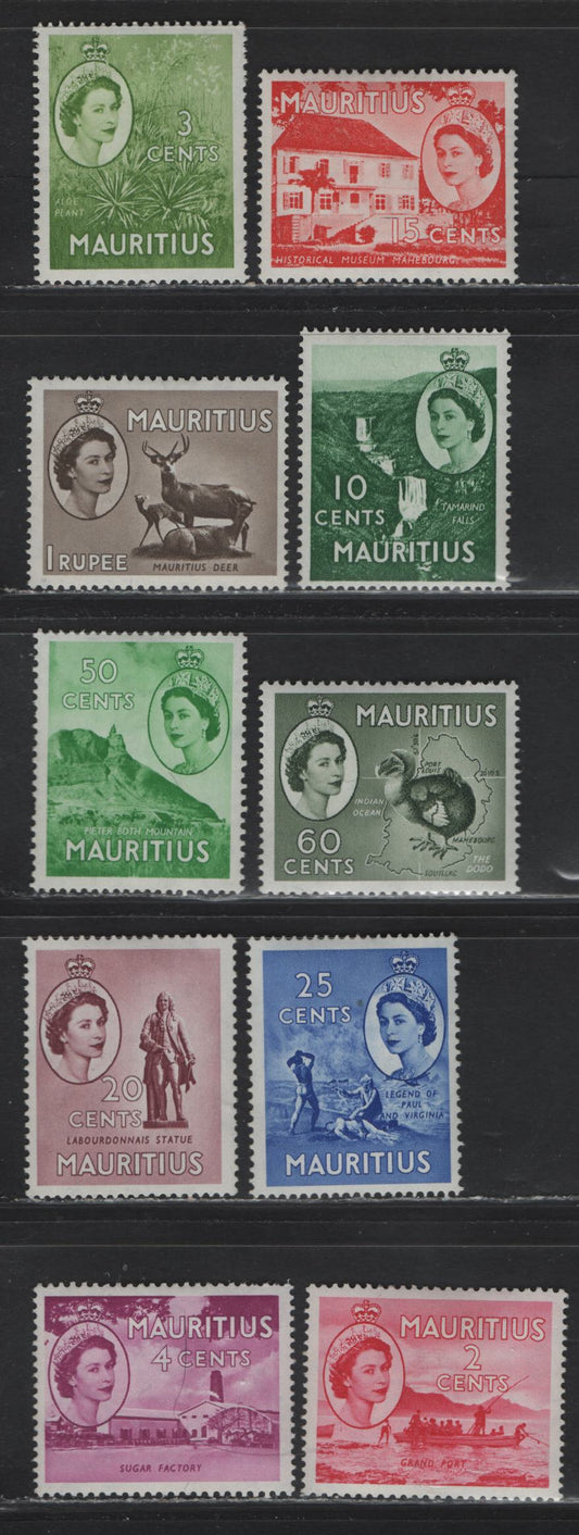 Lot 346 Mauritius (C) SG#293/303a 2c - 60c Bright Carmine - Sepia , 1953-1958 QE II Photogravure Pictorial Issue, 10 VFOG/NH Singles