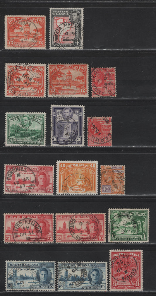 Lot 35 British Guiana SG#260a, 273, 277, 290a, 293, 314, 308a, 310, 312a, 313a, 320, 321 2c - 48c Scarlet - Orange , 1913-1952 KGV Colonial Badge & KGVI Victory Issues, 17 Fine/Very Fine Used Singles, SON Town & Airmail Cancels