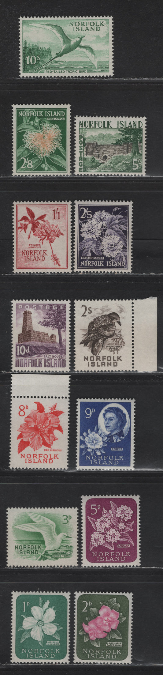 Lot 354 Norfolk Island (C) SG#24-36 1d - 10/- Bluish Green - Emerald Green , 1960-1962 Pictorial Definitive Issues, 13 VFNH/OG Singles, Hinged Except 1d-3d, 5d, 8d, 9d & 2/- Which Are NH