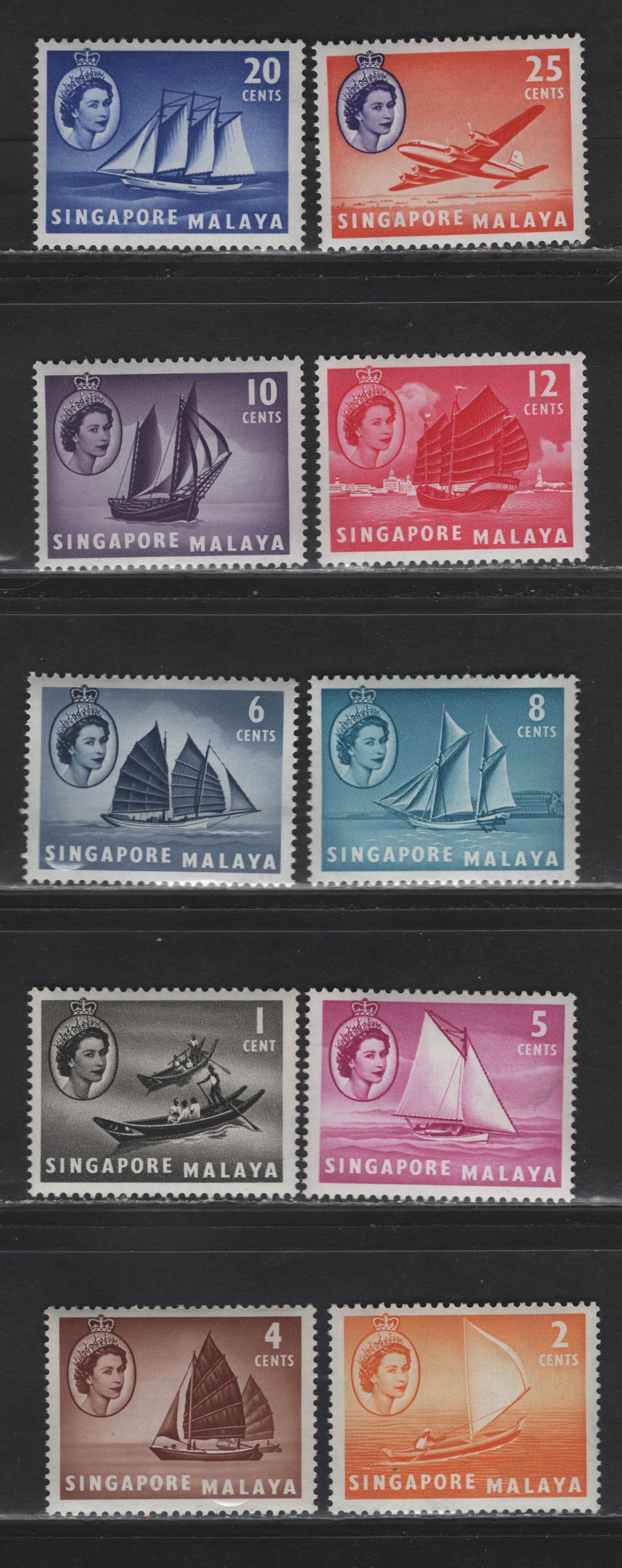 Lot 355 Singapore - Malaya (C) SG#38-47 1c - 25c Black - Orange Red & Bluish Violet , 1955-1959 Pictorial Definitive Issue, 10 VFNH SIngles