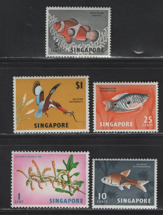 Lot 358 Singapore (C) SG#83-86, 88 1c - $1 Multicolored , 1967 Bird & Flower Definitive Issue, 5 VFNH Singles, Sideways WMk