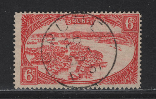 Lot 36 Brunei SG#70 6c - 30c Scarlet River Scene & Native Houses, 1924-1937 River Scene & Native Houses Issues, A Fine Used Single, Light SON Oct 26 1931 Brunei Cancel