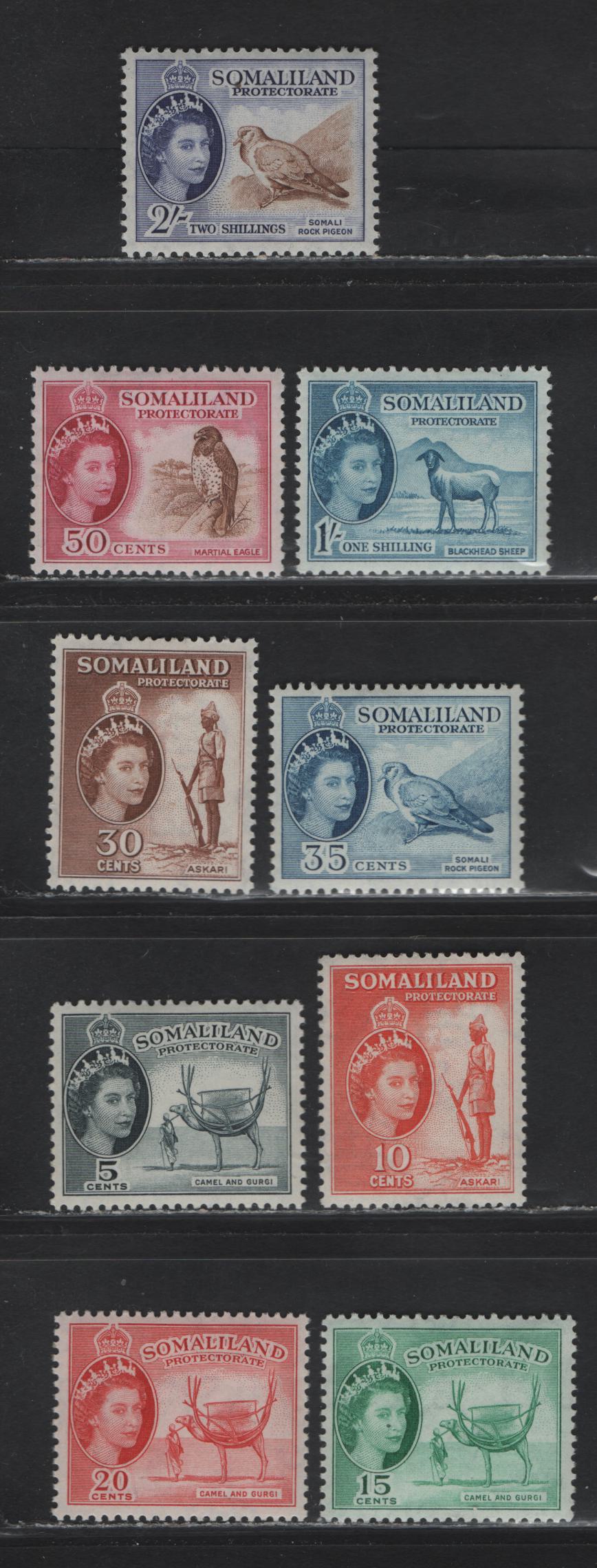 Lot 363 Somaliland Protectorate (C)  SG#137-146 5c-2/- Slate-Black - Brown & Bluish Violet Camel & Gurgi - Somali Rock Pigeon, 1953-1958 Pictorial Definitives, 9 VFOG & VFNH Singles The 2/- is NH