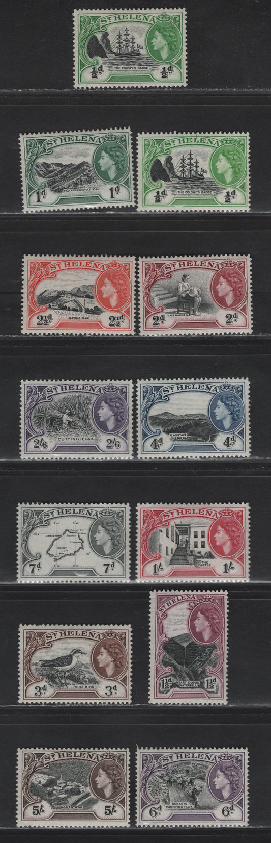 Lot 368 St. Helena (C)  SG#153-164 1/2d-5/- Black & Bright Green - Black & Deep Brown Badge of St. Helena (C)  - Jamestown, 1953-1959 Pictorial Definitives, 12 Fine & VF OG and NH Singles Includes 2 Shades of the 1/2d