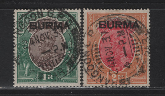 Lot 37 Burma SG#13-14 1r - 2r Chocolate & Green - Carmine & Orange King George V, 1937 KGV Overprinted Issue, 2 Very Fine Used Singles, SON Rangood CDS Cancels