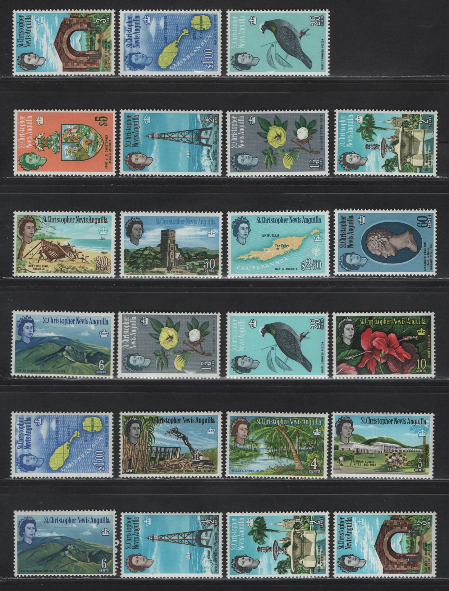 Lot 373 St. Kitts Nevis (C) SG#129-144, 166-171a, 135w 1/2c-$5 Multicoloured Sombrero Lighthouse - Arms, 1963-1969 Pictorial Definitives, 22 Fine & VFNH Singles Includes 6c Inverted Wmk, Sideways Wmks & $1 Ultramarine Blue Shade